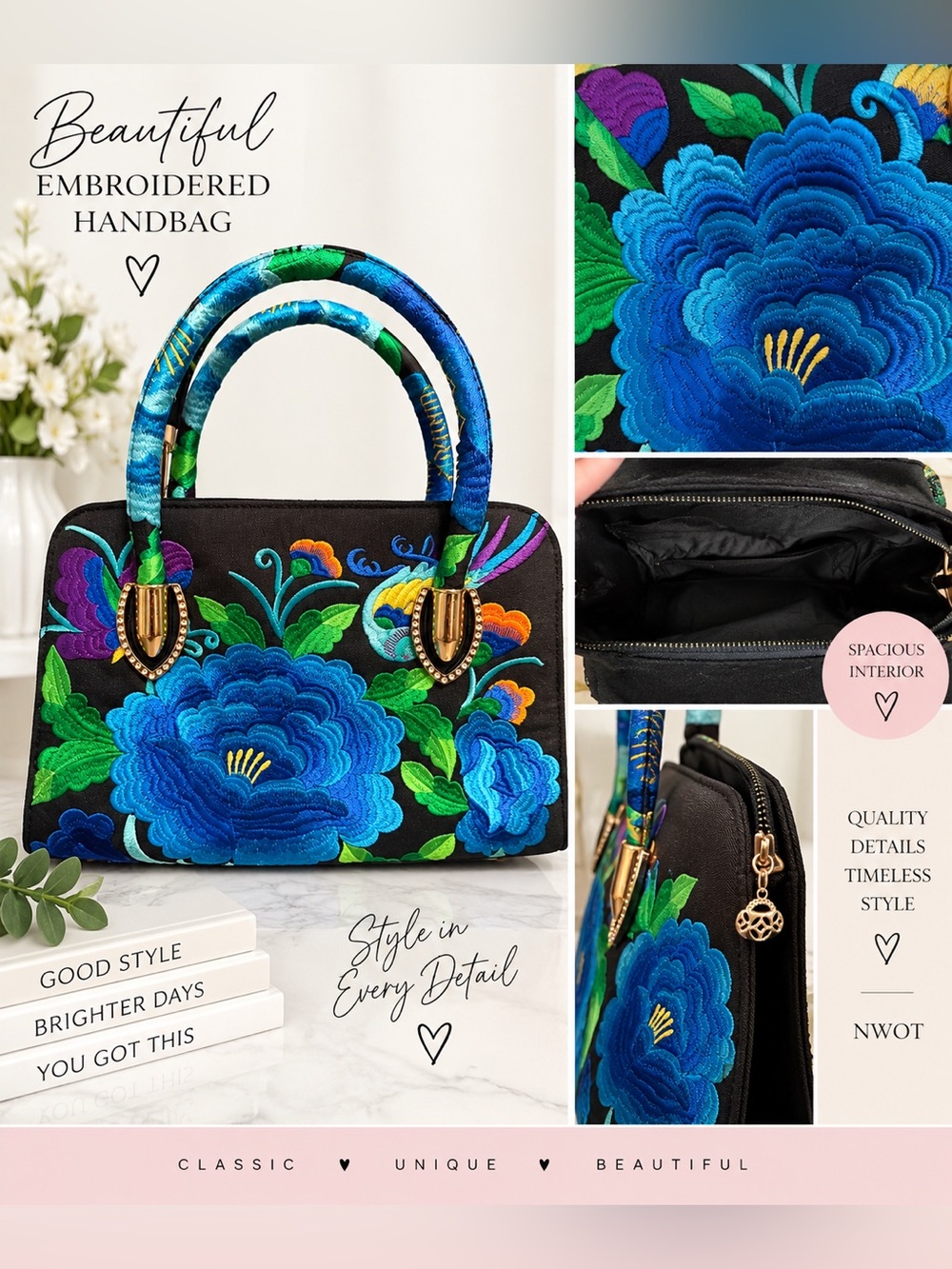NWOT Black Floral Embroidered Handbag Blue Flowers Crossbody Shoulder Bag